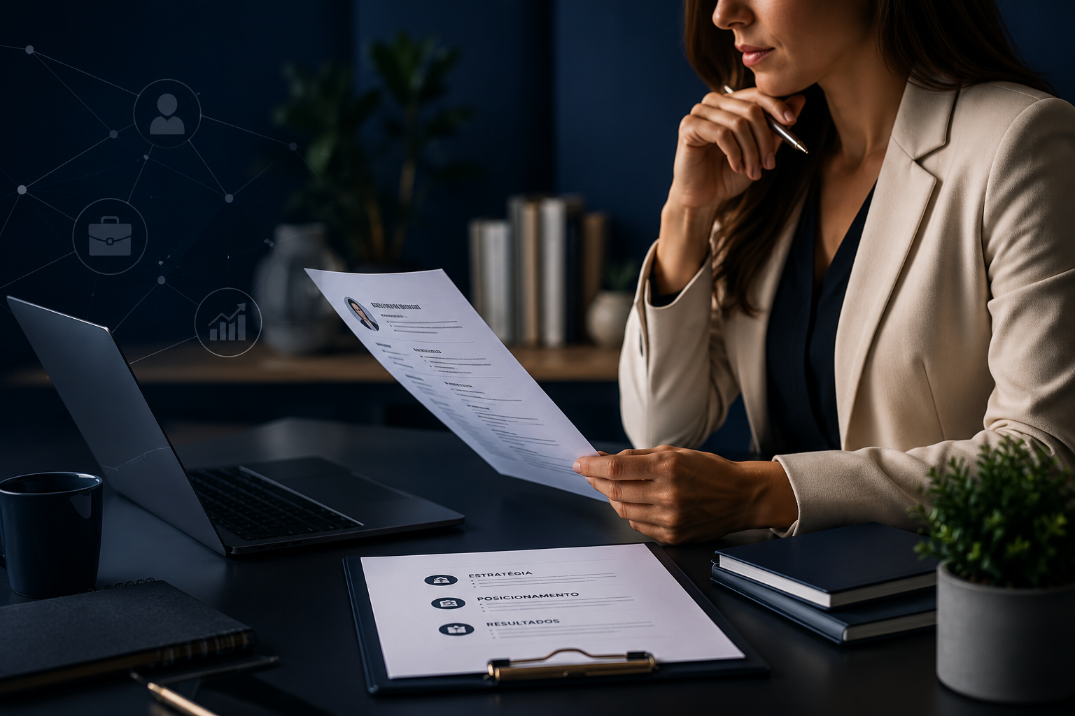 Profissional analisando currículo em ambiente corporativo